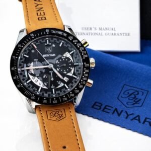montre homme benyar chronographe avec tachymètre – bracelet cuir marron – style luxe sport