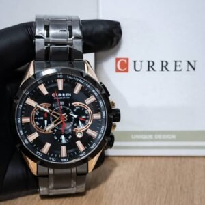 montre homme curren chronographe luxe – bracelet acier inoxydable – noir & or rose